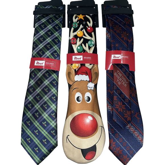 Neck Ties Noel Holiday Collection Christmas 3pc Lot Reindeer Ugly Sweater Holly - Picture 1 of 6